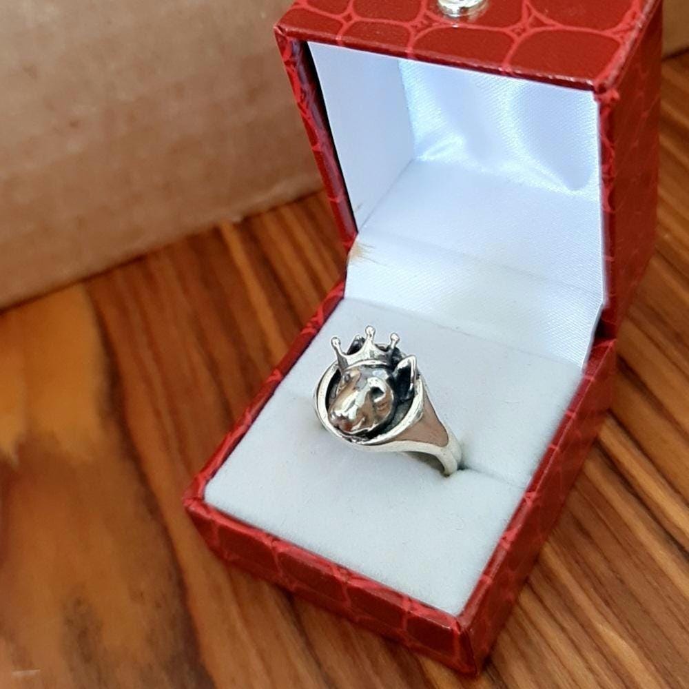 Sterling Silver Bull Terrier Ring with Crown: Handmade Dog Lover Jewelry