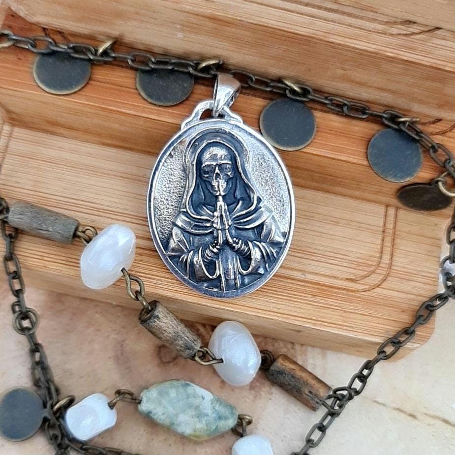 925 Silver Santa Muerte Pendant: Gothic Praying Skull Necklace