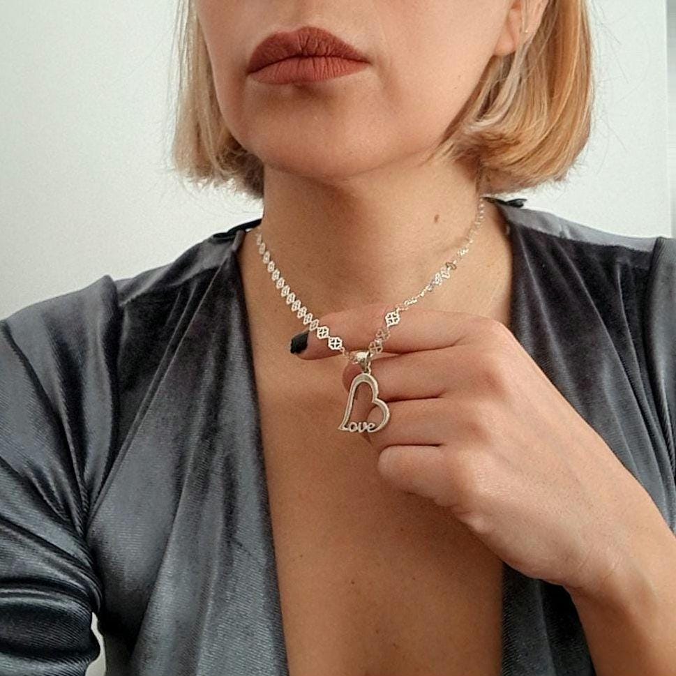 Handmade Sterling Silver Love Heart Necklace - Floral Chain