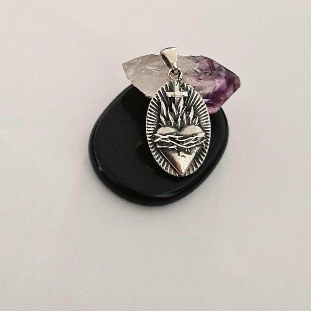 Sterling Silver Sacred Heart Pendant with Flames and Cross – Catholic Christian Necklace