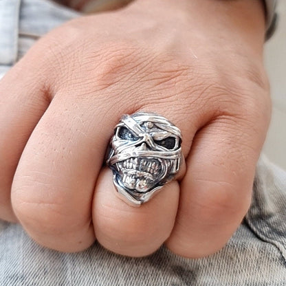Eddie Mummy Skull Ring – Egyptian Rock Jewelry – Unique Heavy Metal Statement Handmade Sterling Silver