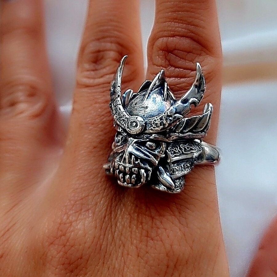 Handmade Sterling Silver Eddie Samurai Skull Ring - Japanese - Eddie Ring- Unique design - Rock Ring- Heavy metal Ring