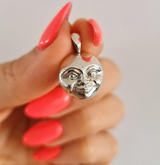 Crescent full Moon Face  Pendant in  925 Sterling Silver - Unique Handcrafted  solid