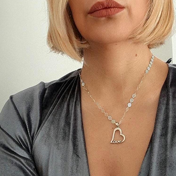 Handmade Sterling Silver Love Heart Necklace - Floral Chain