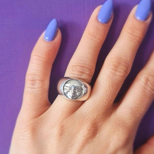 Handmade Sterling Silver Moon Face Ring - Celestial Jewelry