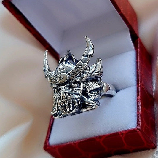 Handmade Sterling Silver Eddie Samurai Skull Ring - Japanese - Eddie Ring- Unique design - Rock Ring- Heavy metal Ring