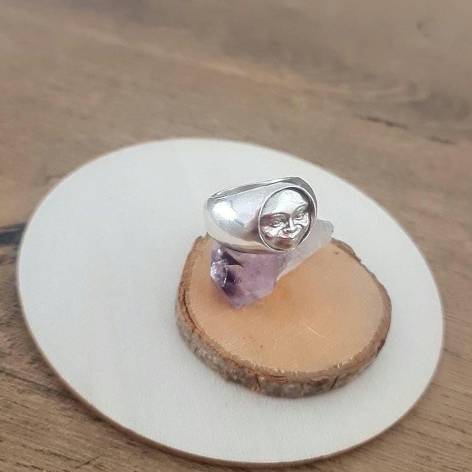 Handmade Sterling Silver Moon Face Ring - Celestial Jewelry