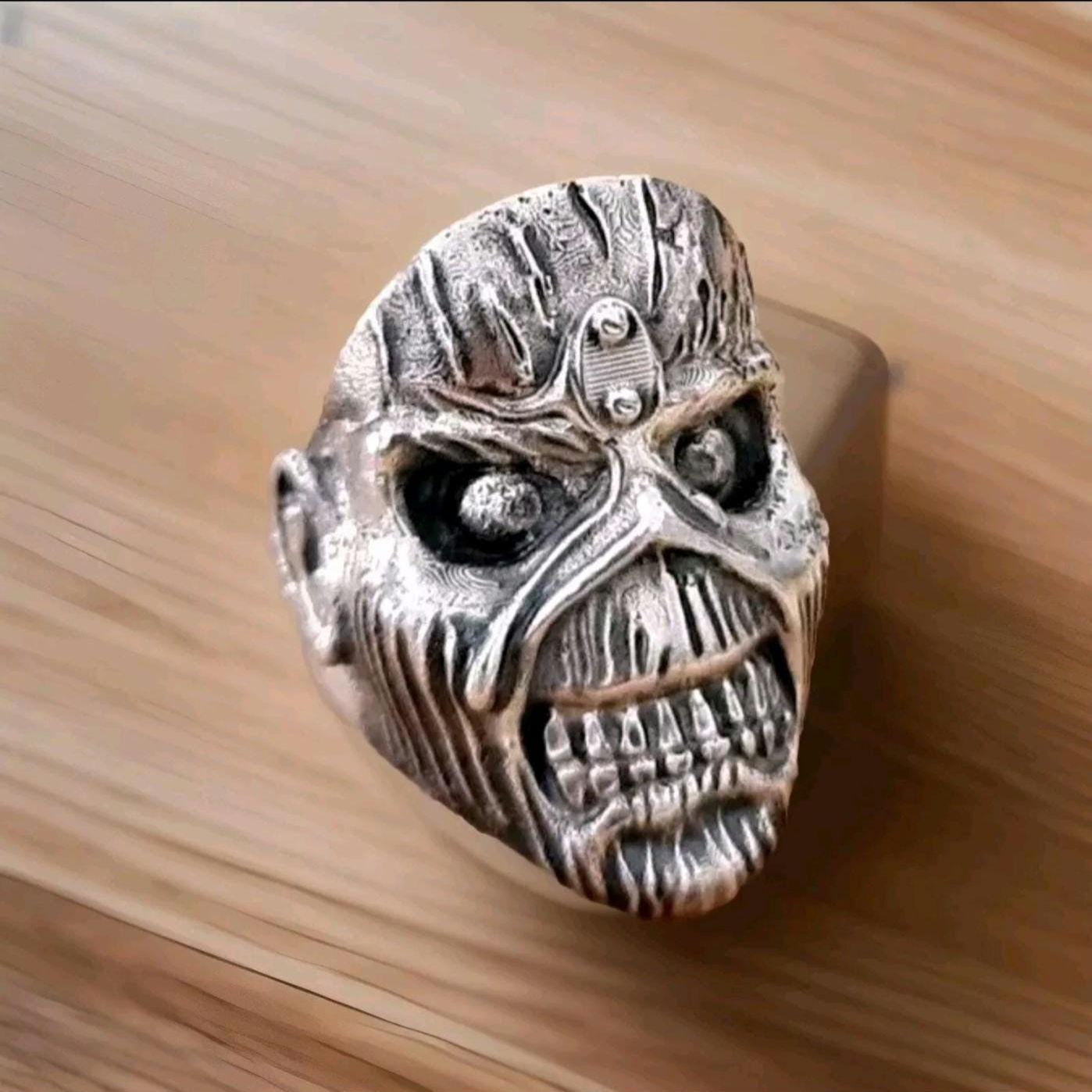 Handmade Sterling Silver Eddie Skull Ring - Biker Punk Rock