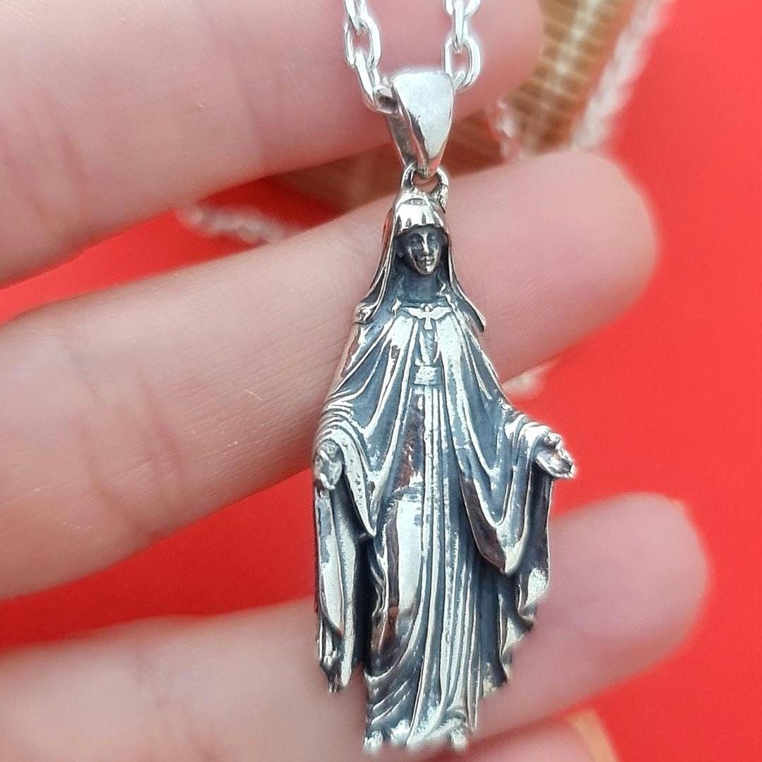 Sterling Silver Virgin Mary Necklace: Religious Protection Pendant