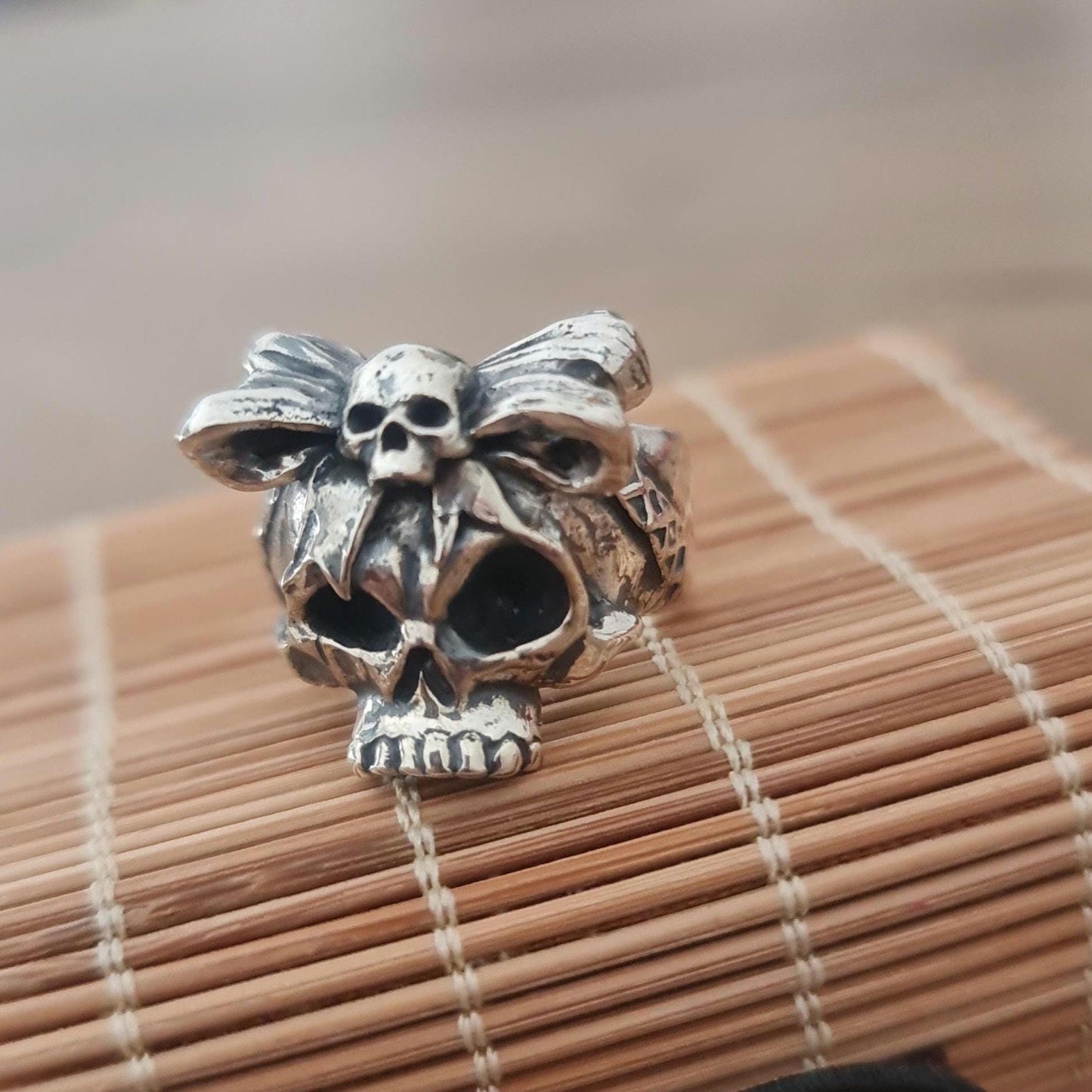 Handmade Sterling Silver Skull Ring with Bow Tie: Gothic Unisex Jewelry