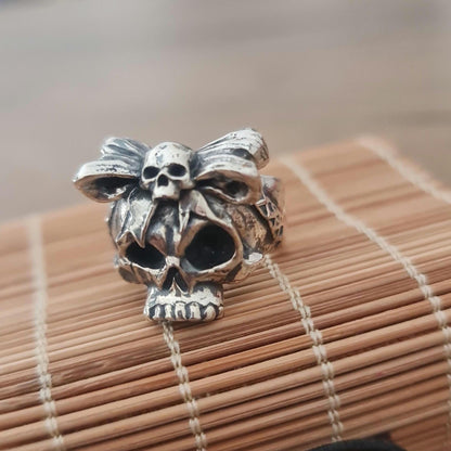 Handmade Sterling Silver Skull Ring with Bow Tie: Gothic Unisex Jewelry
