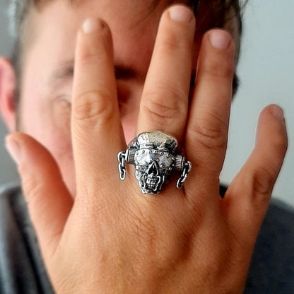 Handmade Sterling Silver Vic Rattlehead Skull Ring - Heavy Metal Biker Jewelry