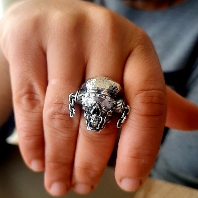 Handmade Sterling Silver Vic Rattlehead Skull Ring - Heavy Metal Biker Jewelry