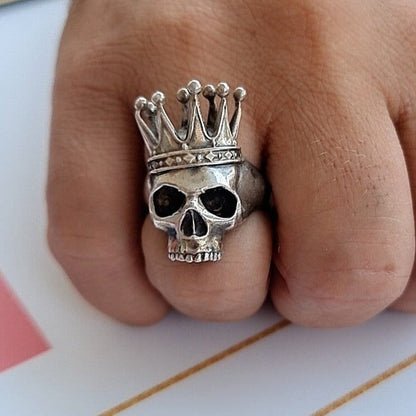 Handmade 925 Silver Skull Ring with Crown: Gothic Biker Jewelry