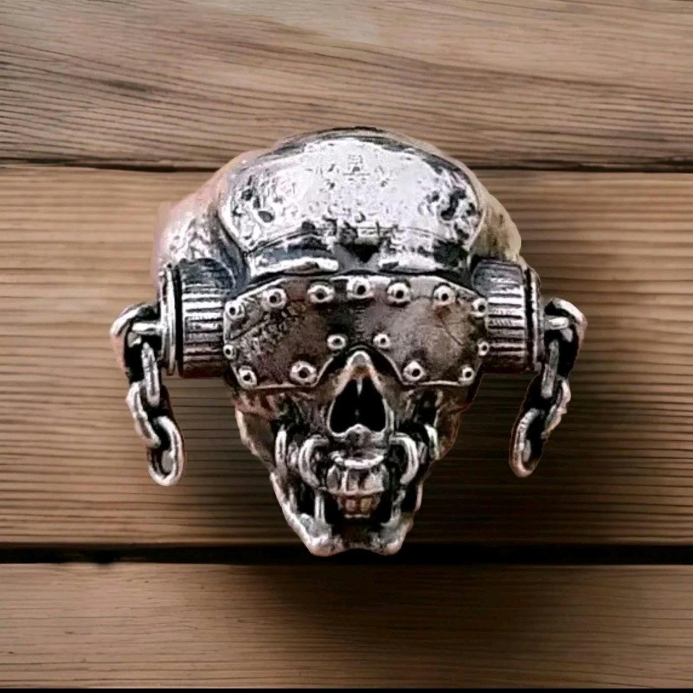 Handmade Sterling Silver Vic Rattlehead Skull Ring - Heavy Metal Biker Jewelry