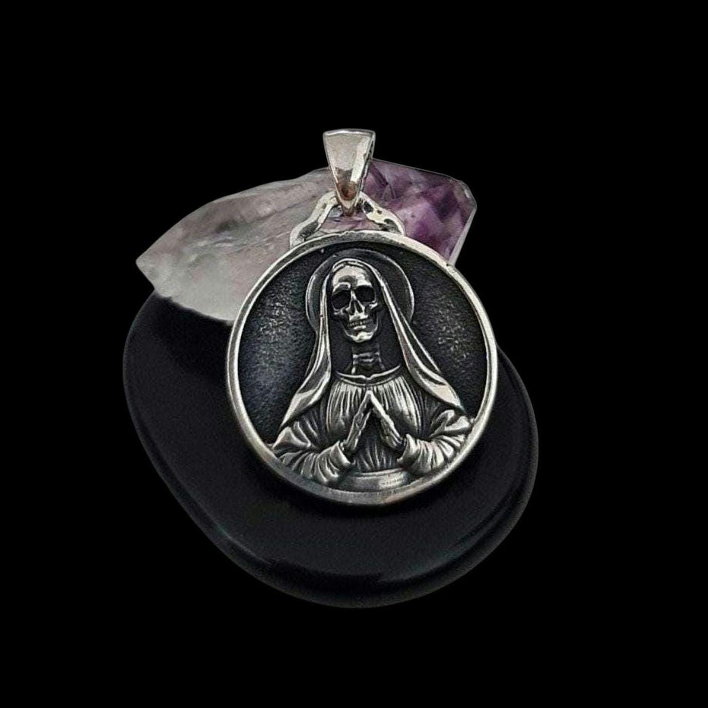 925 Silver Santa Muerte Pendant: Handmade Gothic Necklace