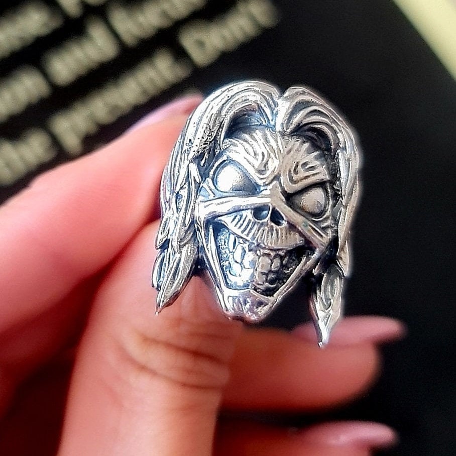 Handmade Sterling Silver Eddie Skull Ring: Biker Rock Pendant