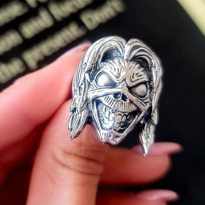 Handmade Sterling Silver Eddie Skull Ring: Biker Rock Pendant