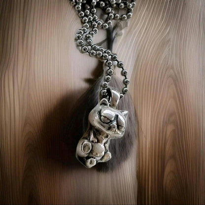 Handmade Sterling Silver Lazy Kitten Pendant - Cat Lover Jewelry