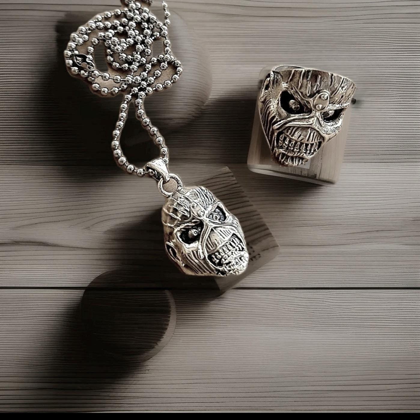 Handmade Sterling Silver Eddie Skull Pendant: Biker Rock Jewelry