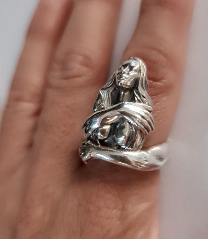 Handmade Sterling Silver Goddess Ring: Gothic Retro Statement Jewelry