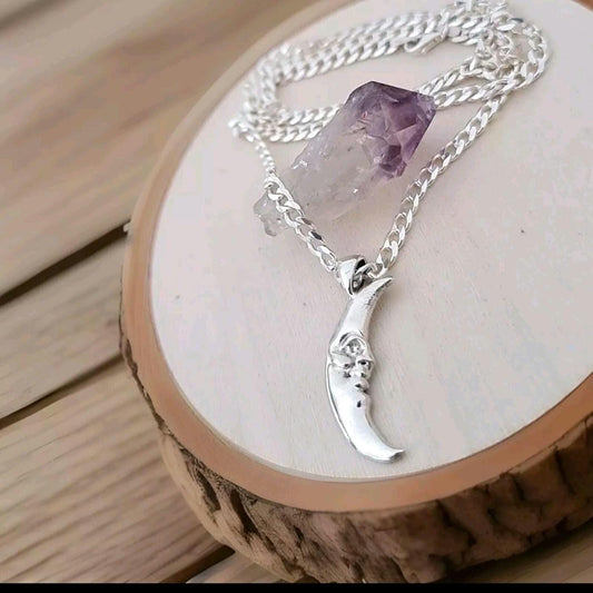 Crescent half Moon Face  Pendant in  925 Sterling Silver - Unique Handcrafted