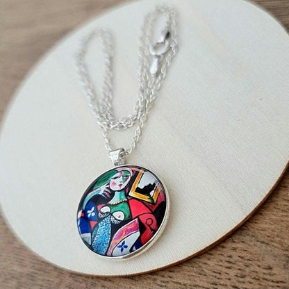 Picasso Art Nouveau Cabochon Necklace: 925 Sterling Silver Pendant