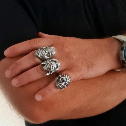 Handmade Sterling Silver Eddie Skull Ring: Biker Rock Pendant