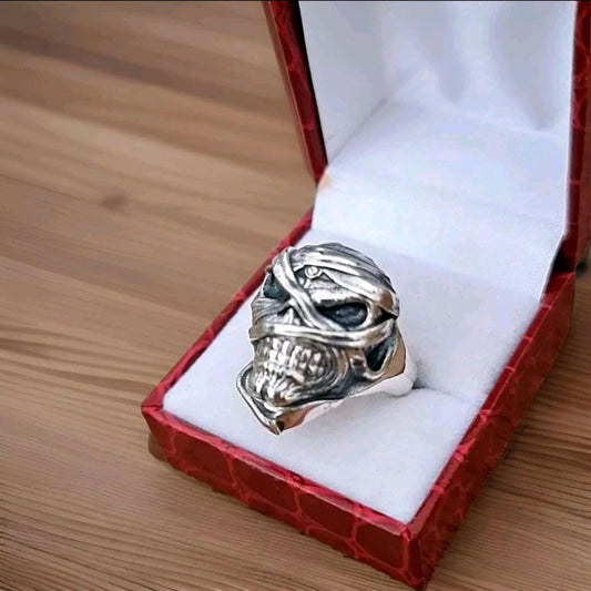 Eddie Mummy Skull Ring – Egyptian Rock Jewelry – Unique Heavy Metal Statement Handmade Sterling Silver