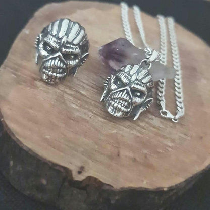 Handmade Sterling Silver Iron Maiden Book of Souls Eddie Mayan Skull Ring Pendant: Rock Heavy Metal Bundle