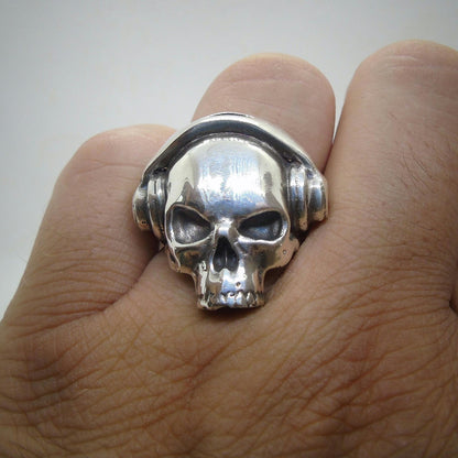 Handmade 925 Sterling Silver DJ Skull Ring with Headphones