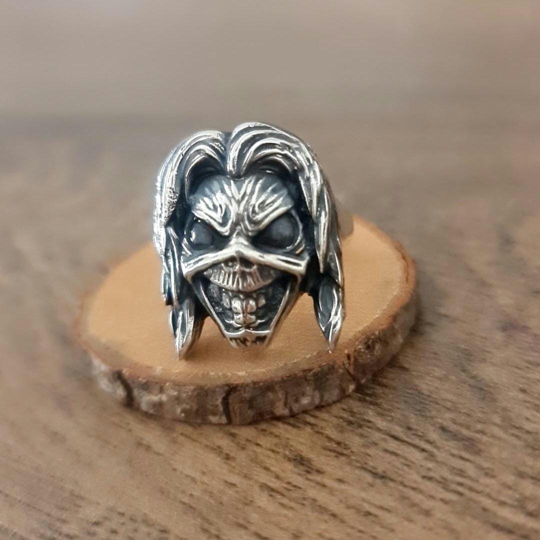 Handmade Sterling Silver Eddie Skull Ring: Biker Rock Pendant