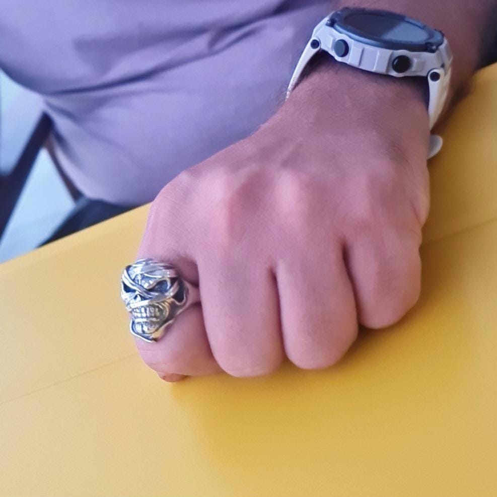 Eddie Mummy Skull Ring – Egyptian Rock Jewelry – Unique Heavy Metal Statement Handmade Sterling Silver