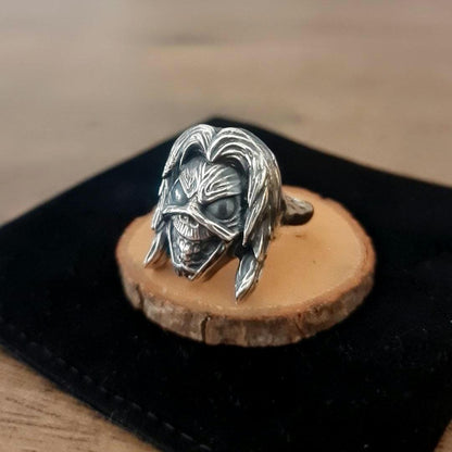 Handmade Sterling Silver Eddie Skull Ring: Biker Rock Pendant