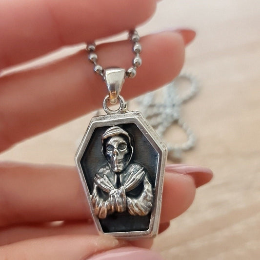 Handmade Sterling Silver Misfit Skull Coffin Pendant - Gothic Horror