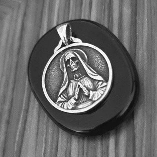 925 Silver Santa Muerte Pendant: Handmade Gothic Necklace