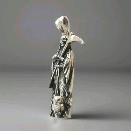 Handmade 925 Silver Santa Muerte Scythe Necklace: Gothic Grim Reaper Pendant