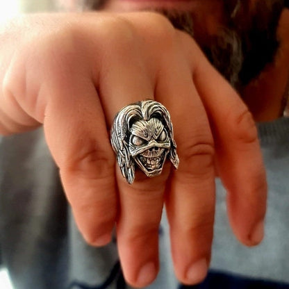 Handmade Sterling Silver Eddie Skull Ring: Biker Rock Pendant