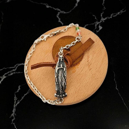 Santa Muerte bracelet 925 sterling Silver length 7inch(18cm)   - 3 colours Stone beads as The Mexican flag