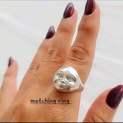 Crescent full Moon Face  Pendant in  925 Sterling Silver - Unique Handcrafted  solid