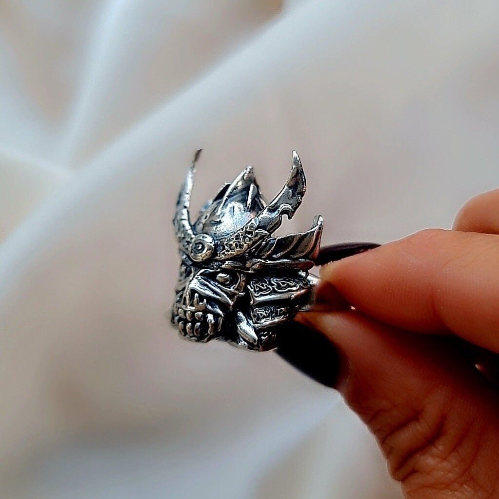Handmade Sterling Silver Eddie Samurai Skull Ring - Japanese - Eddie Ring- Unique design - Rock Ring- Heavy metal Ring