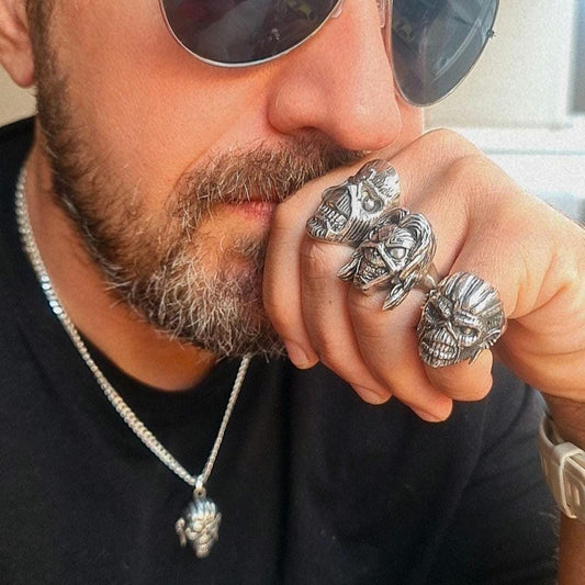 Handmade Sterling Silver Eddie Mayan Skull Ring Pendant: Rock Heavy Metal Bundle