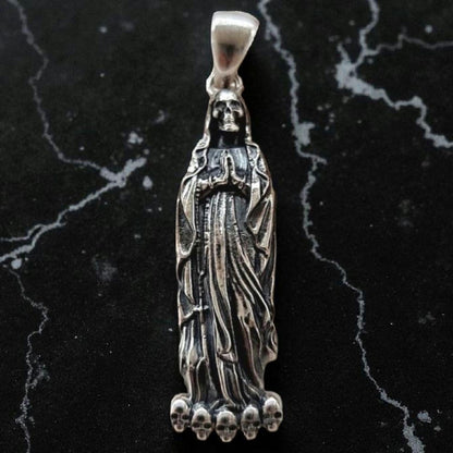 Handmade 925 Silver Santa Muerte Rosary Necklace: Gothic Grim Reaper