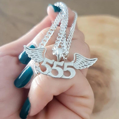 555 Angel Number Sterling Silver Pendant Necklace with Wings