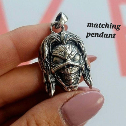 Handmade Sterling Silver Eddie Skull Ring: Biker Rock Pendant
