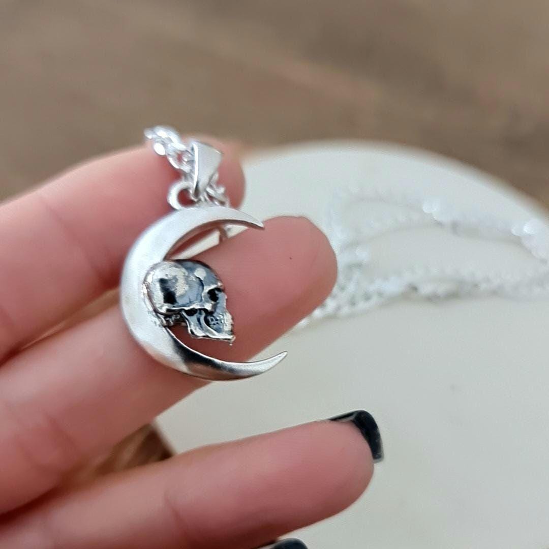 Handmade Gothic Sterling Silver Skull Moon Pendant Necklace