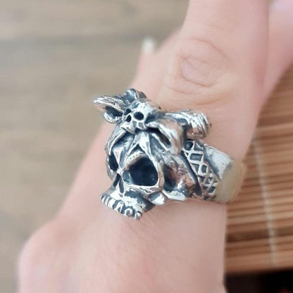 Handmade Sterling Silver Skull Ring with Bow Tie: Gothic Unisex Jewelry