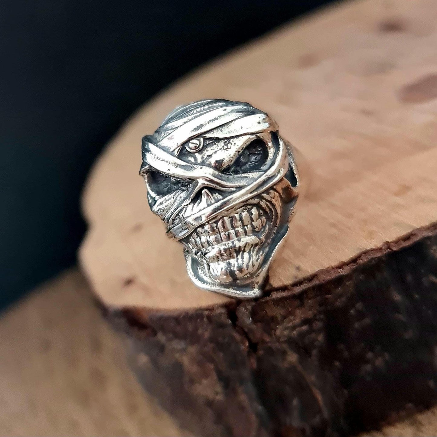 Eddie Mummy Skull Ring – Egyptian Rock Jewelry – Unique Heavy Metal Statement Handmade Sterling Silver