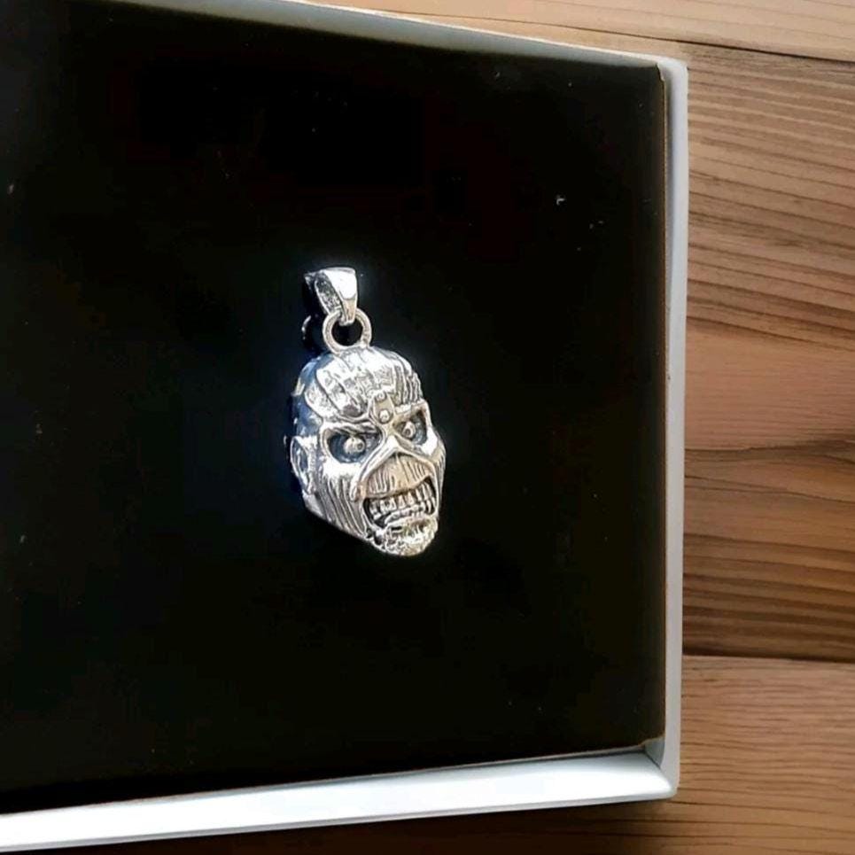 Handmade Sterling Silver Eddie Skull Pendant: Biker Rock Jewelry