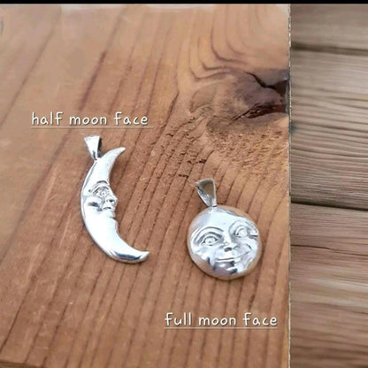 Crescent full Moon Face  Pendant in  925 Sterling Silver - Unique Handcrafted  solid